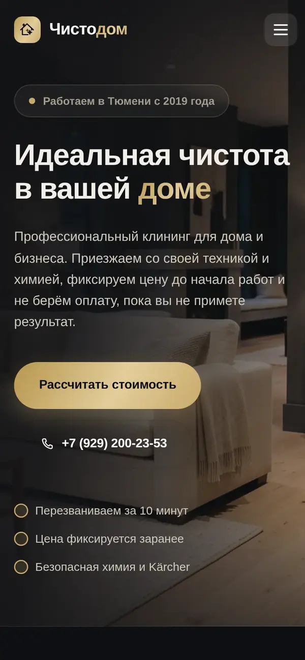 Сайт клининга Чистодом на телефоне
